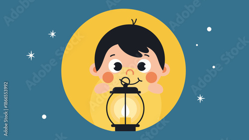 Child Holding Lantern In The Night Against Big Moon Shining Brightly