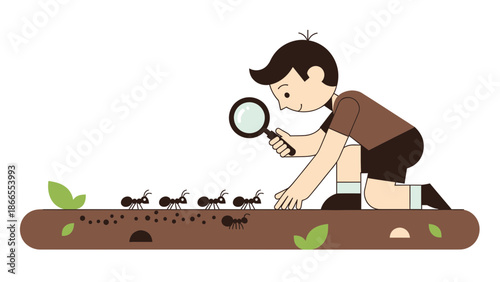 Child Investigates Ant Colony With Magnifying Glass Cartoon Illustration