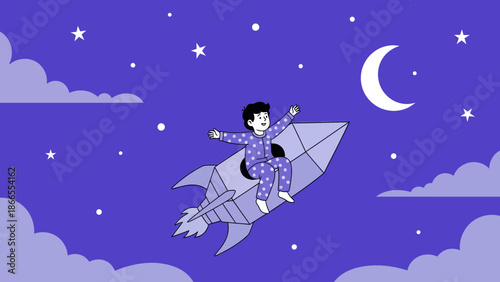 Child's Imagination: Night Flight On A Cardboard Rocket Dreams Of Interstellar Adventures