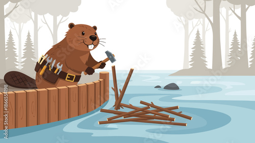 Cheerful Beaver Constructing A Dam In A Forest River With Work Tools