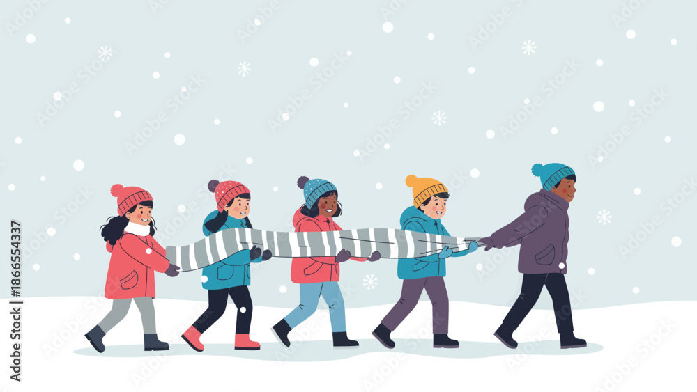 Fototapeta premium Children Collaborative Winter Activity Together Carrying A Giant Scarf In Snowy Landscape