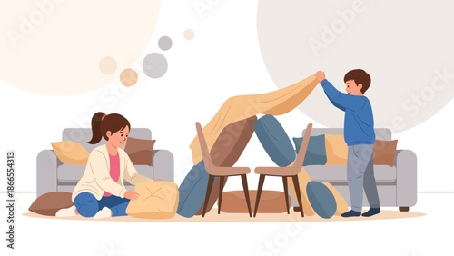 Children Building Cozy Indoor Fort Using Chairs And Blankets In Living Room