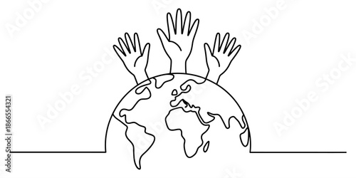 Continuous line art drawing of raised hands over a globe representing global community and reach Vector, illustration
