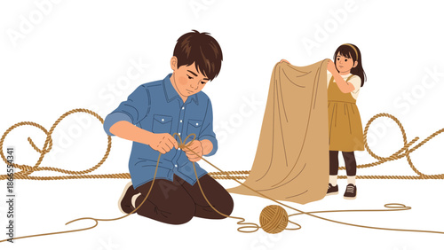 Children Constructing Tent with Fabric and Rope For Pretend Play Fun