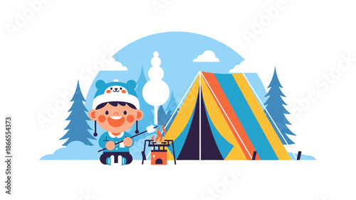 Cheerful Child Enjoying Winter Camping Adventure With Marshmallow Roasting Fun