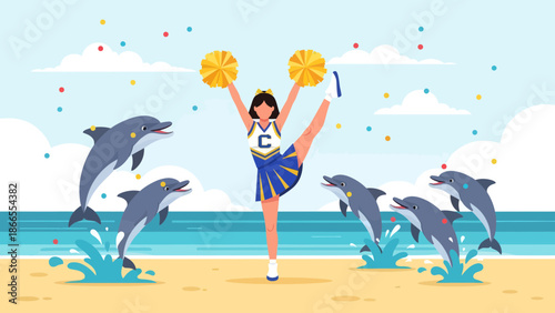 Cheerful Cheerleader Performing with Dolphins on a Sandy Beach with Sky Backdrop