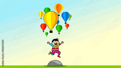Cheerful Child Jumps With Balloons Floating In The Air Graphic Illustration