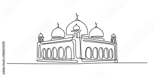 Continuous line art illustration of a mosque with domes and minarets in minimalist style Vector, illustration