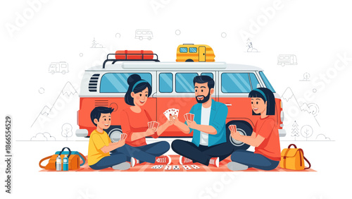 Cheerful Family Enjoying A Card Game Outdoors Near Their Vintage Camper Van