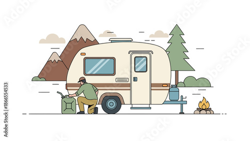 Classic Recreational Vehicle And Man In Mountainous Camping Site Illustration