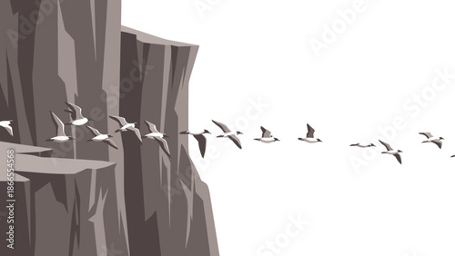 Cliffside Flight Depicts Freedom And Journey As Seagulls Soar Over Rugged Terrain