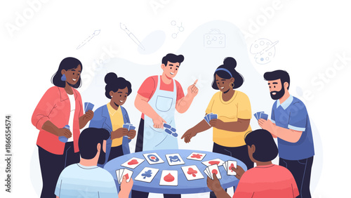 Cheerful Friends Gathering Together To Play Card Games With Snacks And Refreshments