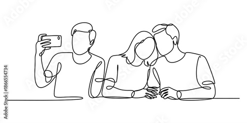 Continuous line art illustration of a group taking a selfie with a smartphone Vector, illustration