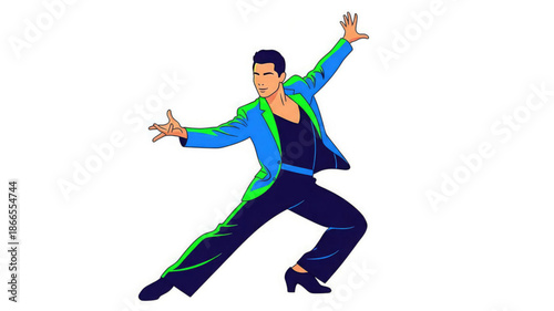 Man in blue and green dance outfit performing dynamic pose
