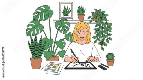 Woman drawing at desk surrounded by potted plants and art supplies
