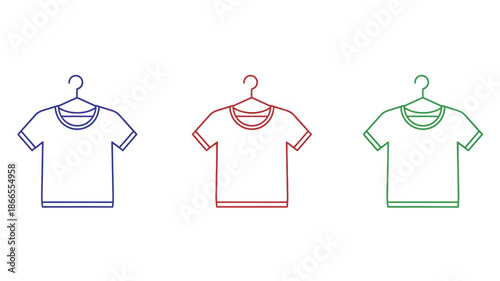 Three colored t shirts hanging on hangers a minimalistic silhouette