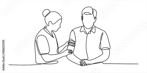 Continuous line art drawing of a nurse caring for a patient in a medical setting Vector, illustration