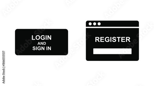 Black login and register buttons displayed as a flat design silhouette