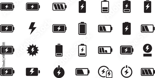 Minimalist Battery Charging Icons and Modern Power Energy Level Symbols Set for Mobile UI and Tech Branding