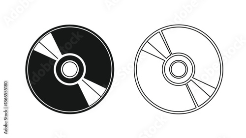 Two circular discs one filled and one outline black and white silhouette