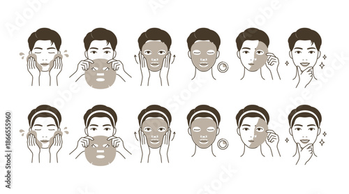 Facial sheet mask skincare routine steps illustrated as a flat vector set for men and women isolated on transparent background.