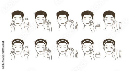 Male and female skincare routines in six illustrated steps from blemished to glowing skin.