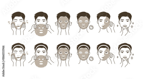 Facial sheet mask skincare routine steps illustrated as a flat vector set for men and women isolated on transparent background.