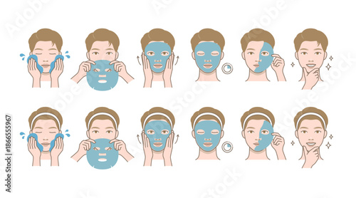 Facial sheet mask skincare routine steps illustrated as a flat vector set for men and women isolated on transparent background.