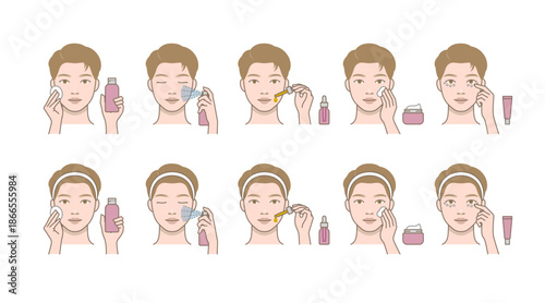 Daily facial skincare routine with toner, serum, cream and eye care illustrated as flat vector set isolated on transparent background.