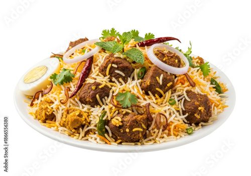 lamb biryani with fried onions and boiled egg on plate
