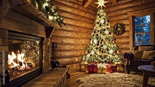 Cozy Log Cabin Christmas Tree by Warm Fireplace with Gifts.