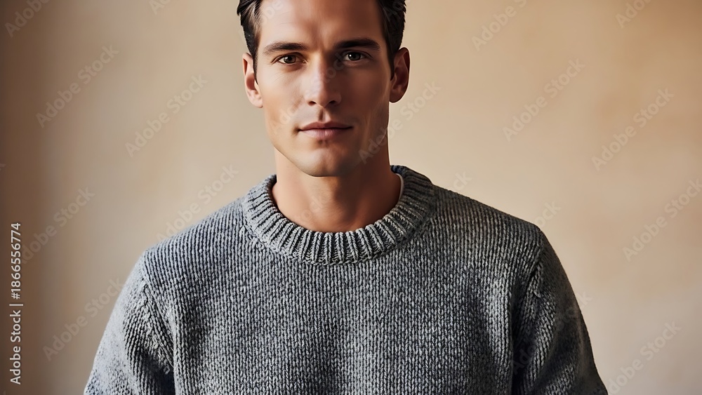 Obraz premium A handsome young man wearing a gray sweater in a neutral setting