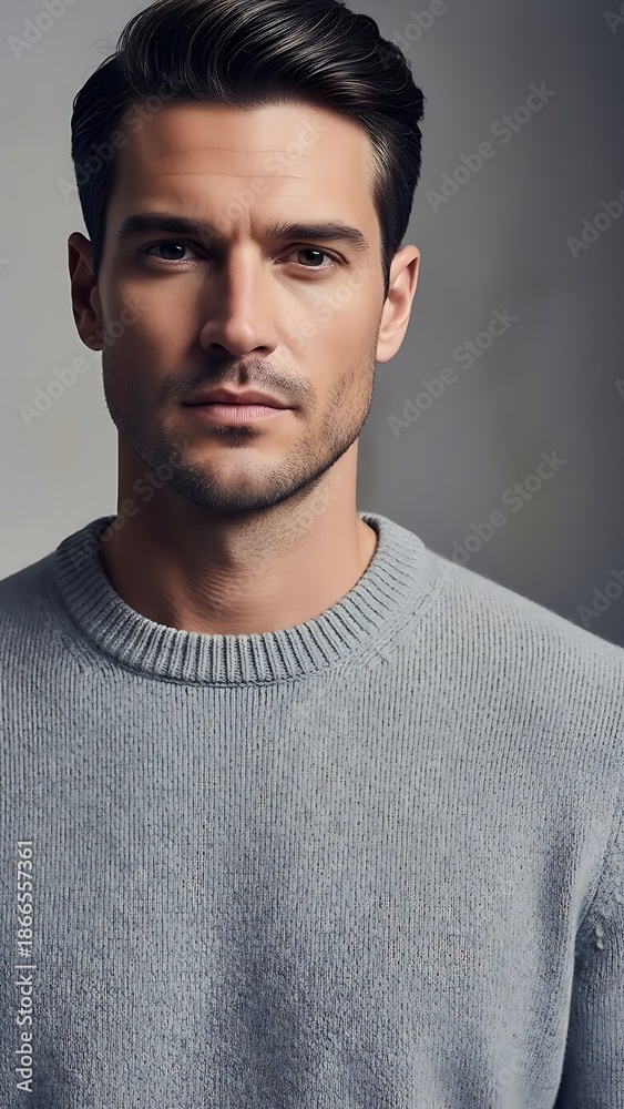Fototapeta premium A handsome man wearing a gray sweater in a studio setting