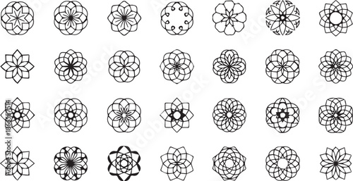 Mega Set of Sacred Geometry Icons featuring Minimalist Mandala Patterns, Abstract Lotus Flower Symbols and Creative Spiritual Ornament Designs on White Background
