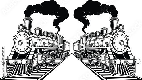 Symmetrical vintage steam locomotives illustration with classic railway engines facing forward in detailed black and white line art