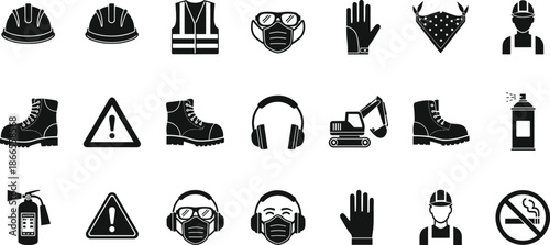 Construction safety icons set featuring protective equipment, warning signs, tools, and industrial symbols in solid black silhouette style
