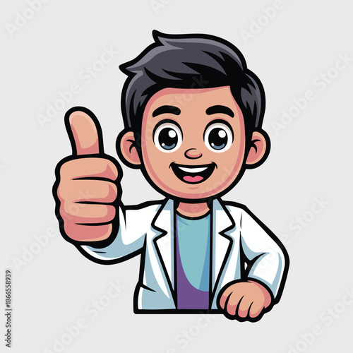 A friendly cartoon boy in a lab coat giving a thumbs-up gesture, smiling happily.