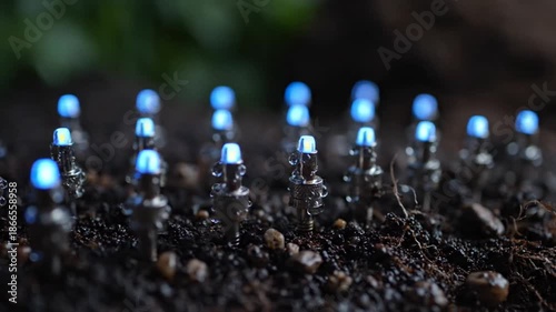 Futuristic Soil Sensors Glowing Blue Light Emitting Diode in Soil Monitoring Ground Quality and Health Technology for