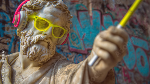 A close-up of an Epicurus marble statue wearing modern pink headphones and yellow sunglasses against a colorful graffiti background, representing hedonism and modern leisure.