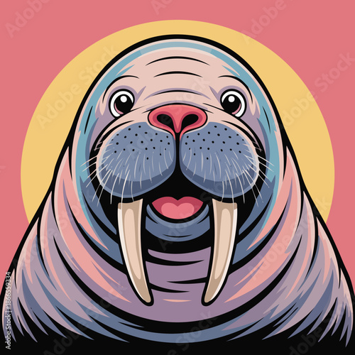 Vibrant cartoon illustration of a happy walrus with tusks and whiskers, set against a pink and yellow background.