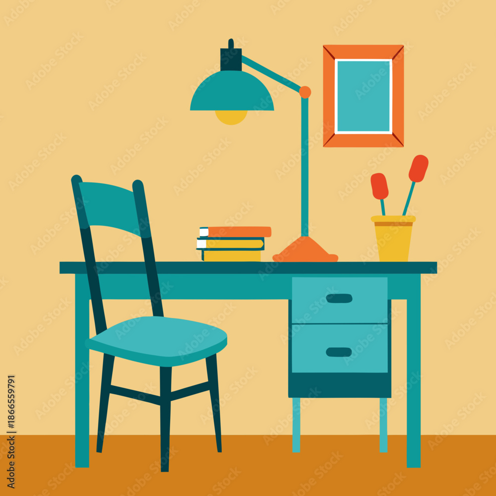 Fototapeta premium Title: A colorful desk setup with a chair, lamp, books, and a potted plant on a wooden floor
