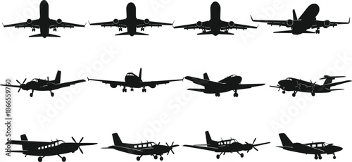 Airplane silhouettes set, aircraft flying views, passenger jet and propeller plane icons, aviation collection, black silhouettes, isolated white background