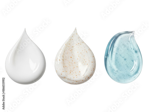 Collection of three unique cosmetic products displayed in droplet form