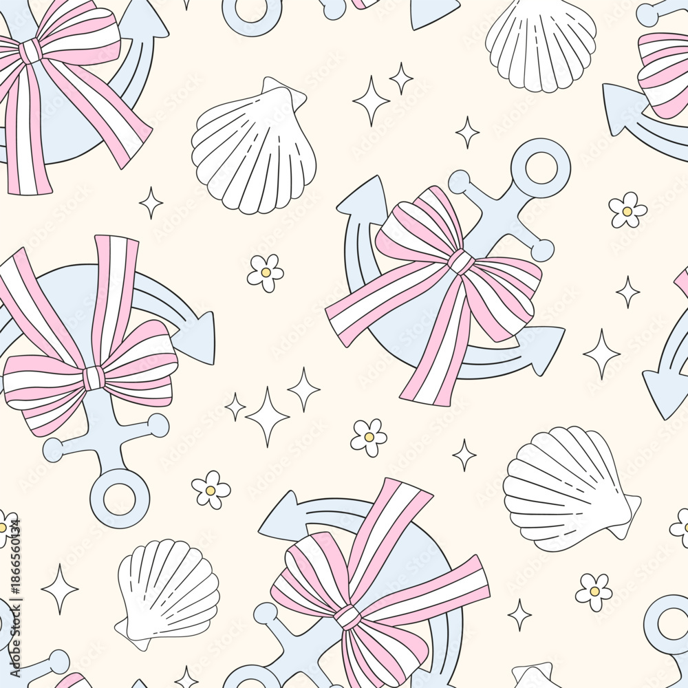 Fototapeta premium Preppy Coastal Nautical Seamless Pattern with Anchors, Bows and Seashells in Pastel Vector Style for Fabric, Wallpaper, Stationery and Elegant Decorative Design