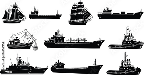 Ship silhouette vector collection, sailing vessels cargo ships tugboats patrol boats, maritime transportation icons, isolated black ship illustrations set