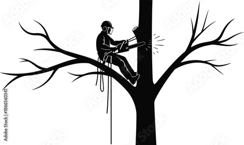 Tree cutting worker silhouette, arborist using chainsaw, professional tree service concept, forestry safety illustration, isolated black vector design elements icons