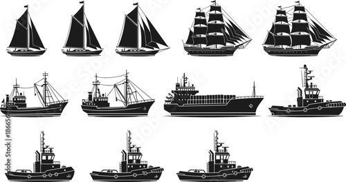 Ship silhouette vector set, sailing boats cargo ships tugboats, maritime transportation collection, isolated black ship illustrations for design projects icons