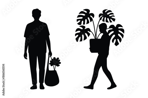 Silhouettes of People Carrying Plants and Shopping for Greenery
