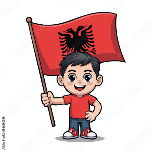 Cute cartoon boy proudly holding the national flag of Albania with a happy smile.