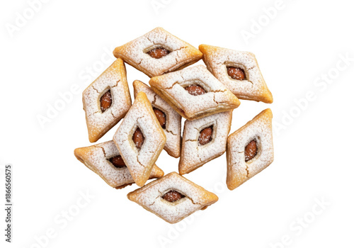 diamond jam cookies with powdered sugar on white background